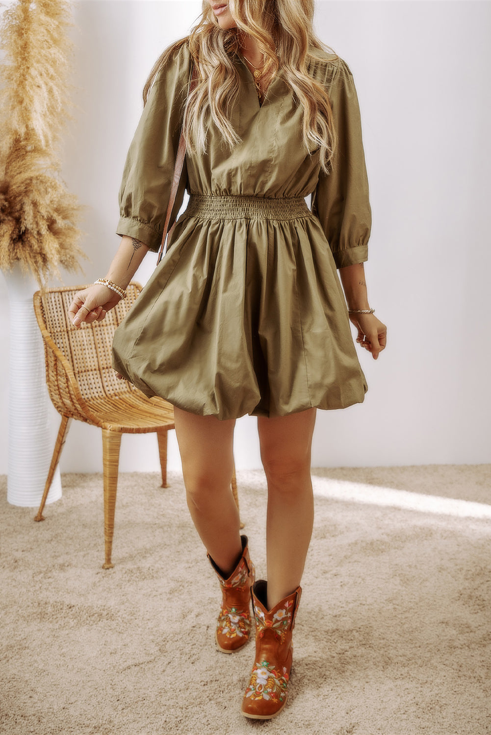 Elegant Green Sleeve Mini Dress Timeless Smocked Design Vintage Dress For Women