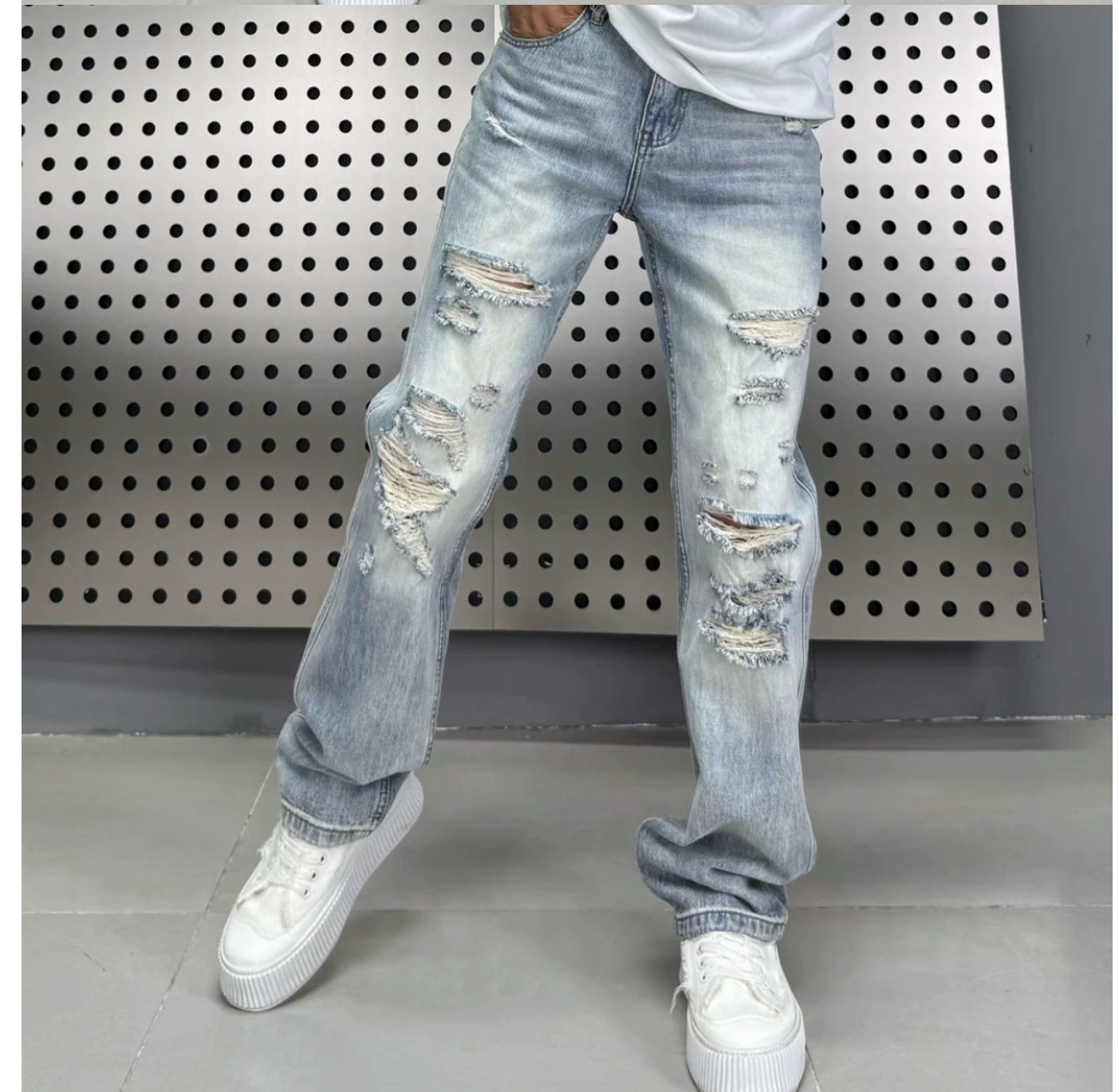 Fumei Personalized Perforated Design Denim Casual Versatile High Street Straight Leg Pants