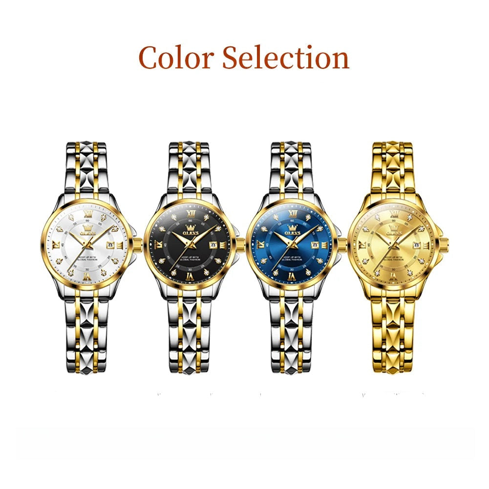 Damen Goldene Edelstahl-Armbanduhr mit kleinem Zifferblatt und Datumsanzeige