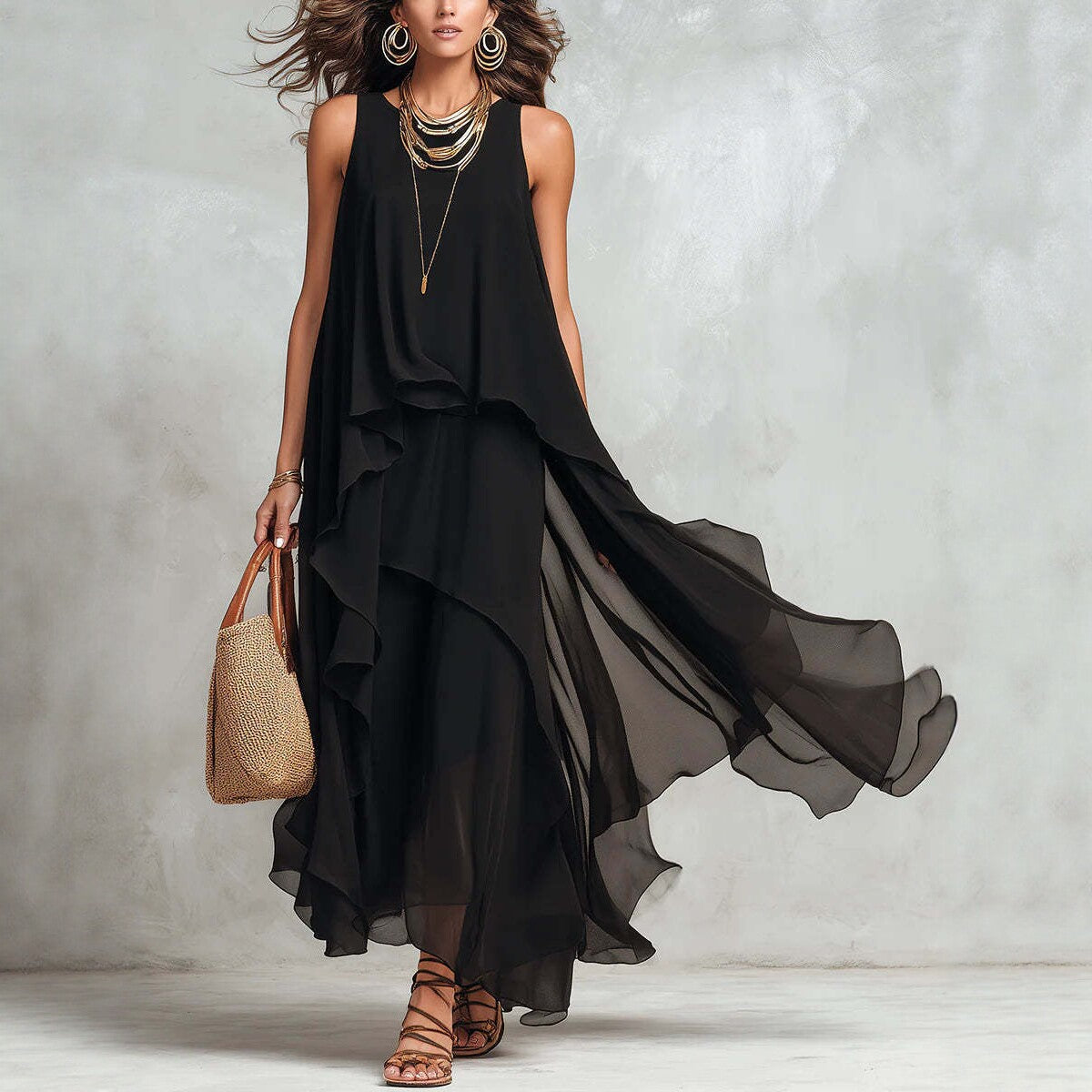 Asymmetrical Ruffle Mesh Chiffon Sleeveless Maxi Dress – Black, XS–XXL