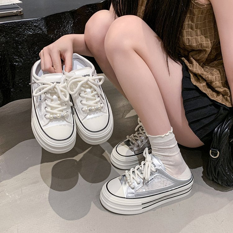 New Casual Breathable Mesh Closed Toe Mules, Versatile Lightweight Good-Looking White Slip-On Shoes For Women