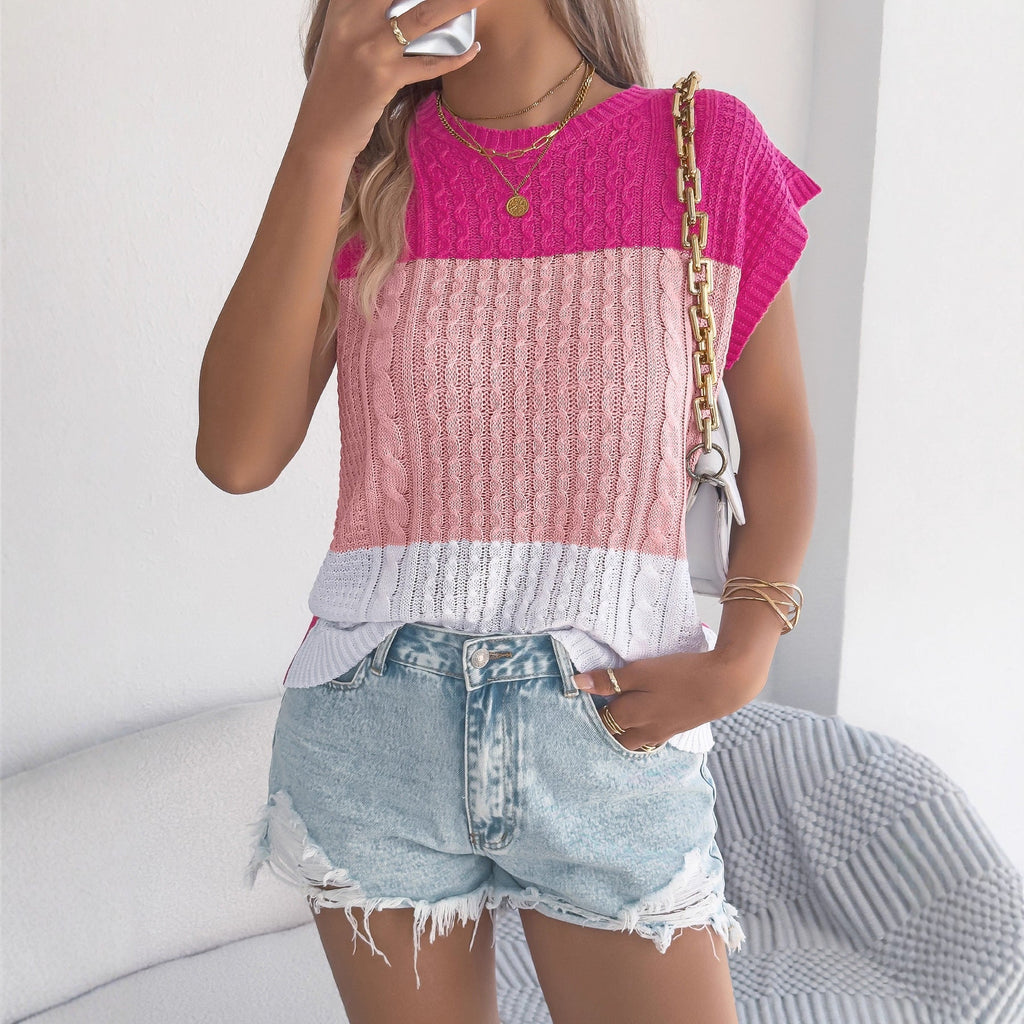 Women's Color-Block Cable-Knit Casual Loose Batwing-Sleeve Sweater Top