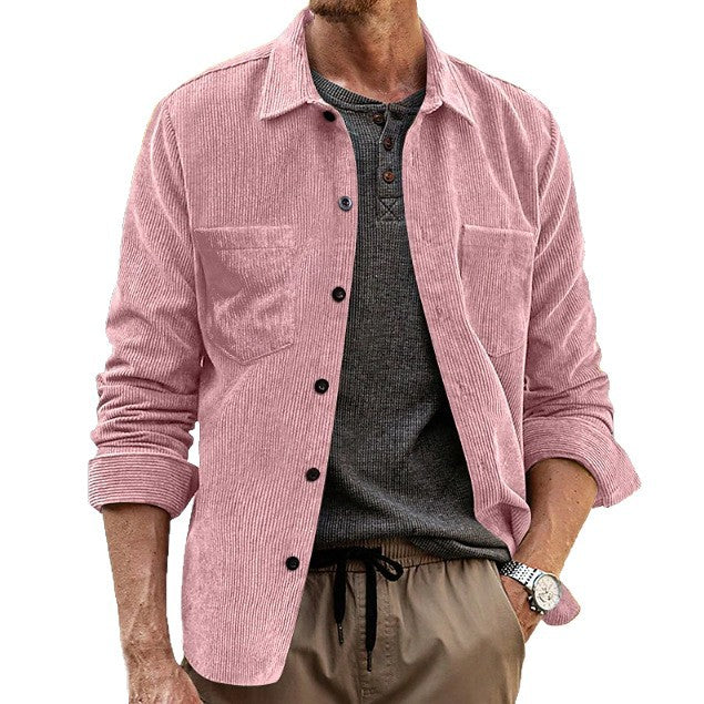 Mens Corduroy Long-Sleeve Casual Pocket Lapel Shirt Jacket