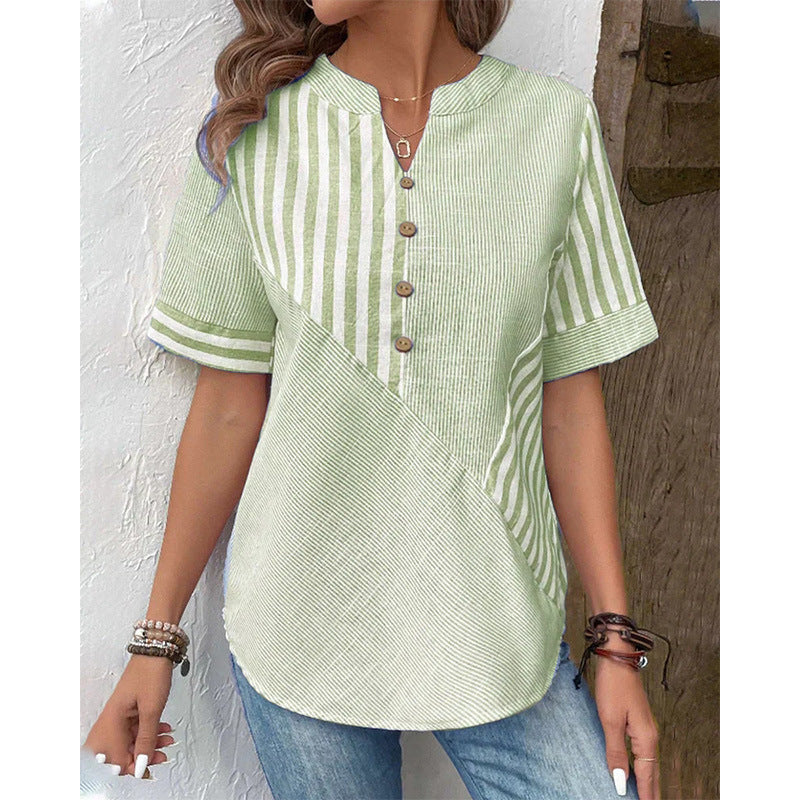 Womens Plus-Size Asymmetrical Striped Patchwork Cotton-Linen Top