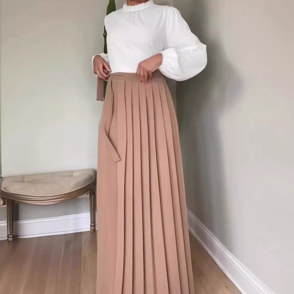 Womens Solid-Color Wide-Leg Pleated Pants With Ties