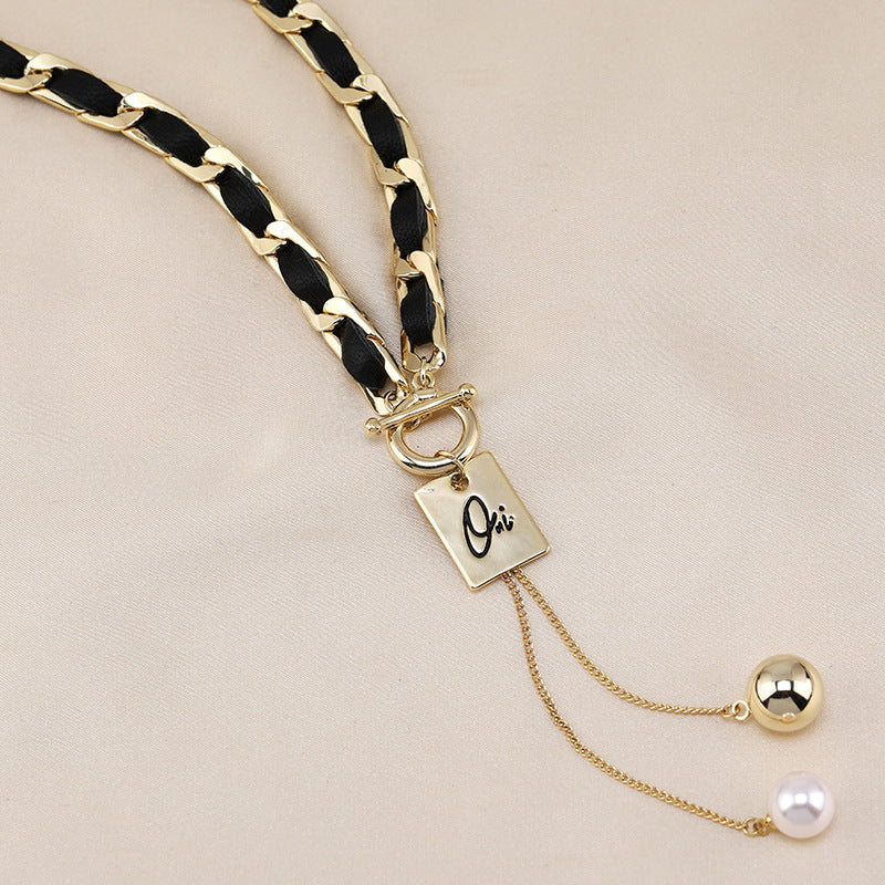 PU Leather Metal Chain Choker Necklace For Women, Titanium Steel Square Tag Pearl Tassel Short Collarbone Chain, Dainty Retro Fashion Jewelry