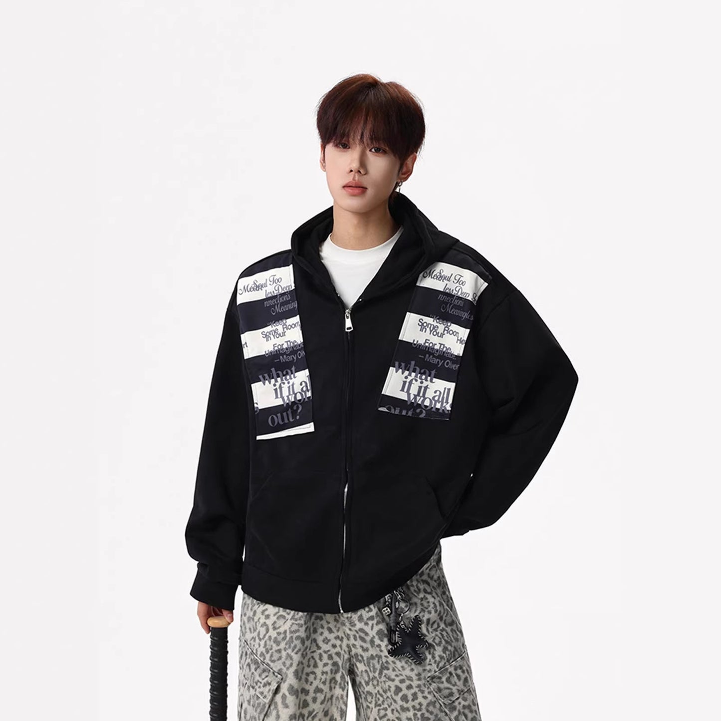 Letter-print Sporty Cardigan Hoodie For Men
