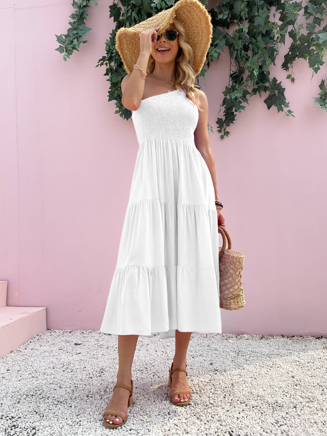Smocked Single Shoulder Sleeveless Dress Stylish & Comfortable Summer Long Dress Lightweight Dress