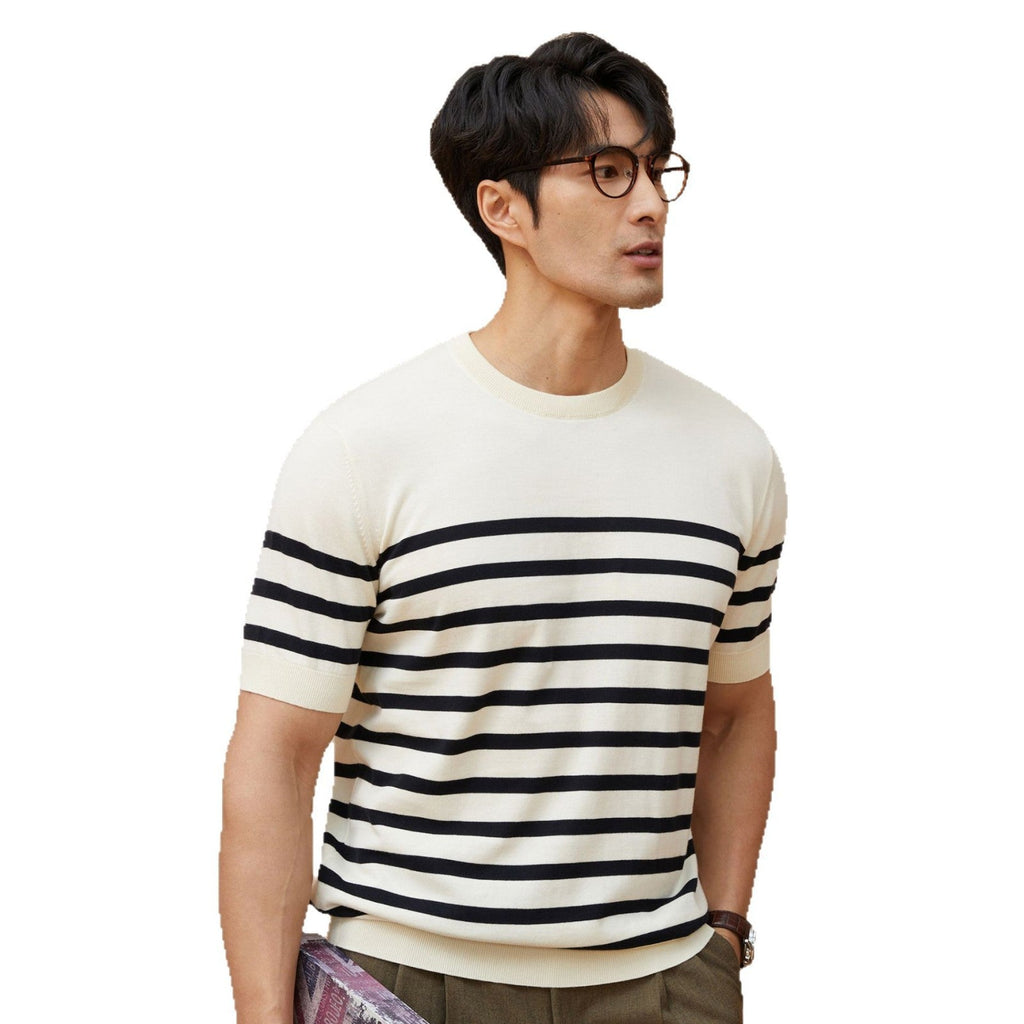 Summer New Short-sleeved Knitted Sweater Men's Striped Light Luxury Business Casual
