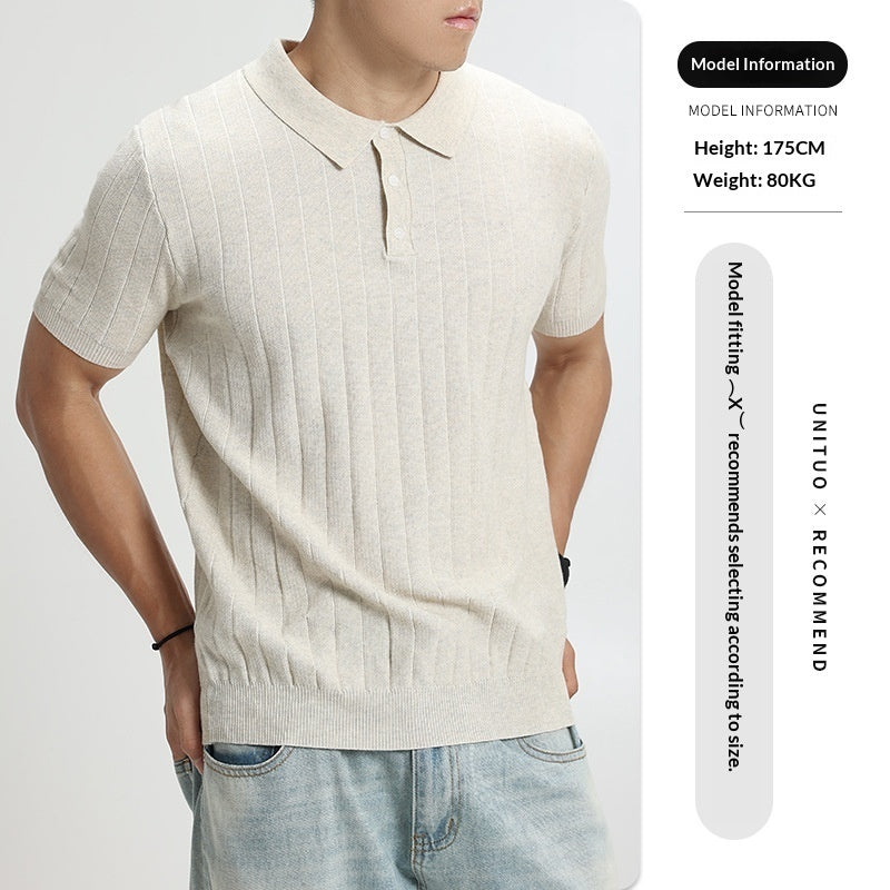 Mens Light-Luxury Rib-Knit Polo Shirt
