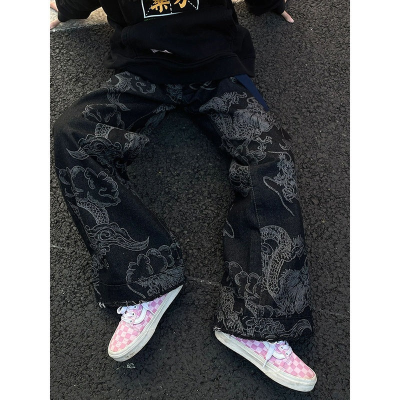 American-style Vintage Edgy Dragon-print Slimming Wide-leg Denim Pants