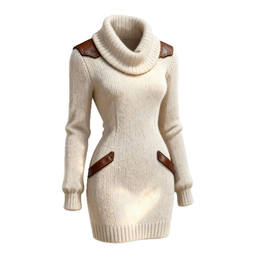 Casual Leather-Panelled Slim-Fit Turtleneck Knit Dress