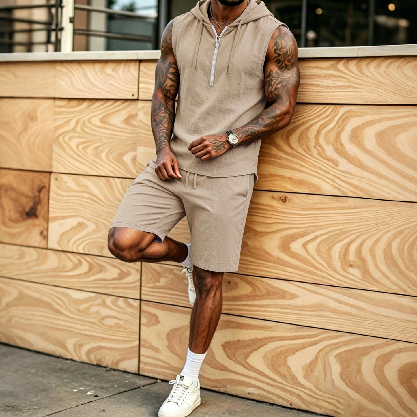Mens Summer Loose Casual Hooded ZipUp Sleeveless Set