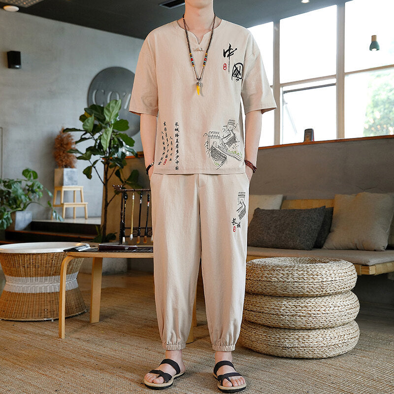 Chinese-style Mens Embroidered Cotton-linen Retro Loose-fit