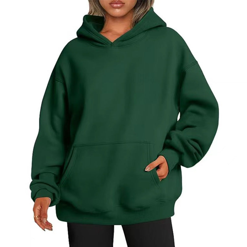 Women's Solid-color Long-sleeved Loose-fitting Hooded Sweatshirt With Pocket