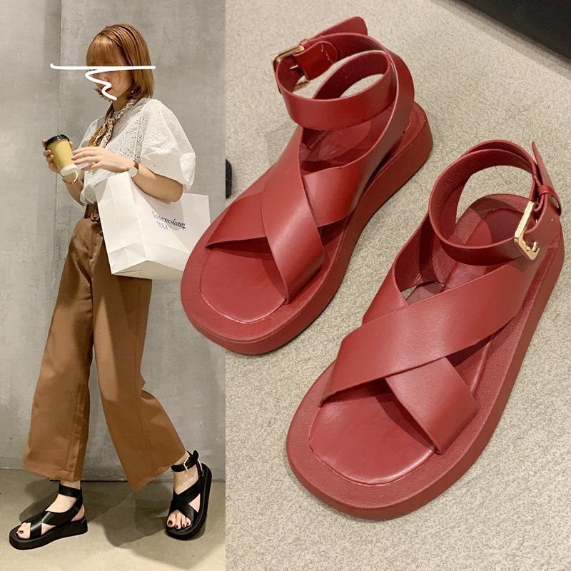 Platform Mule Sandals With A Cross-strap And Ankle Buckle