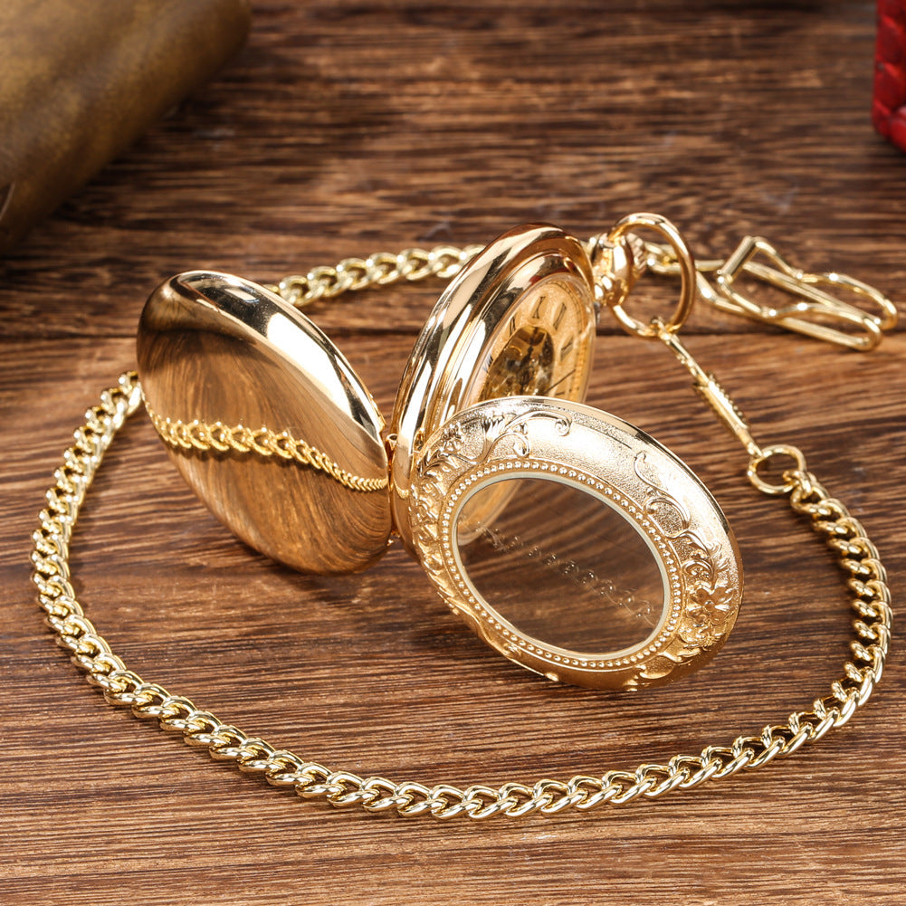 Retro Gold Hollow Out Roman Manual Mechanical Large Pocket Watch Chain Watch