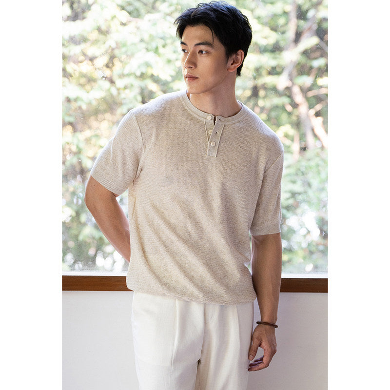 Mens Casual Short-sleeved Knit Top With A Half-placket