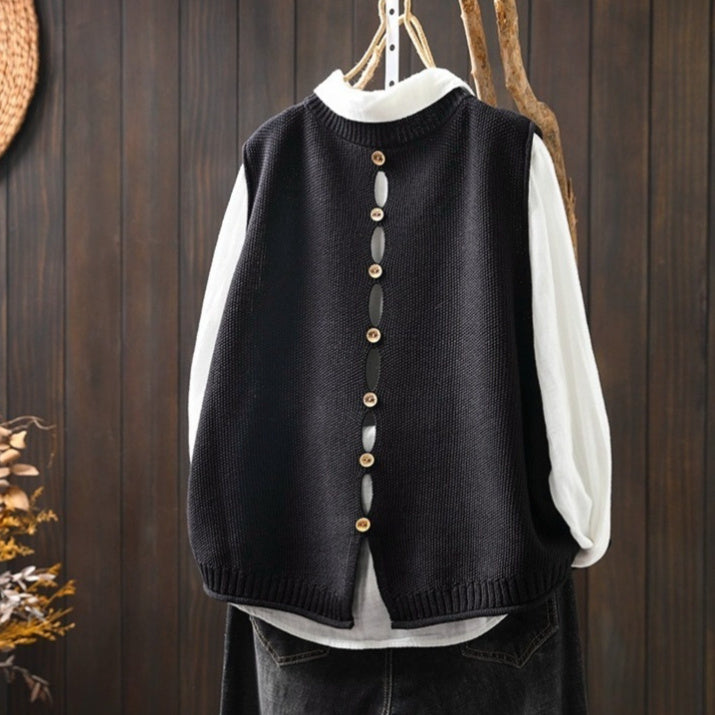 Back Buttoned Cotton Thread Knitted Vest Women