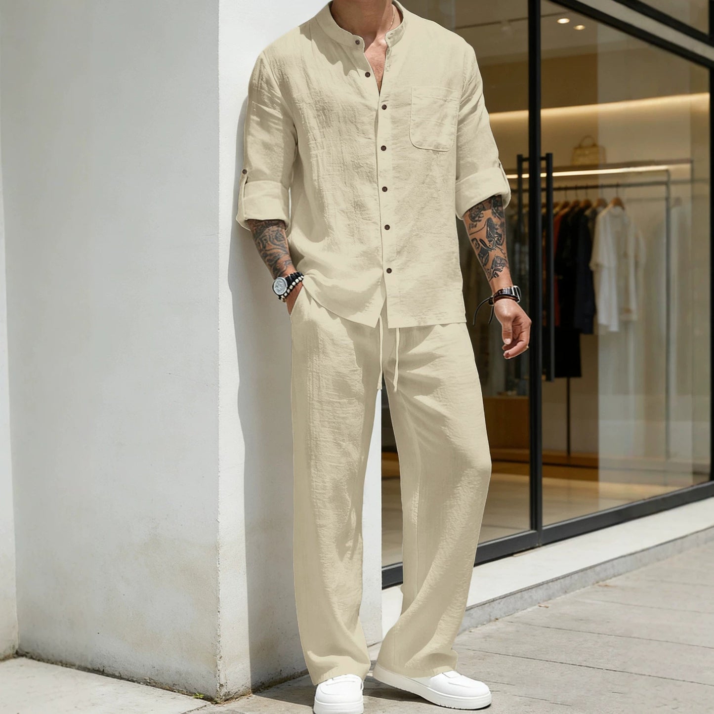 Mens Solid-Color Linen Long-Sleeve Shirt And Pants Two-Piece Set