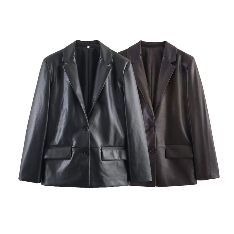 Fashion Temperament Women's Straight Leather Effect Blazer