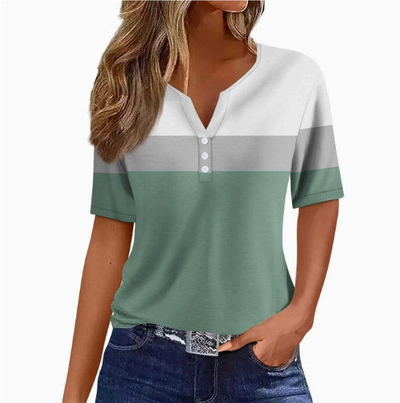 Women's Sequin Stitching Floral Three-button V-neck Short Sleeve
