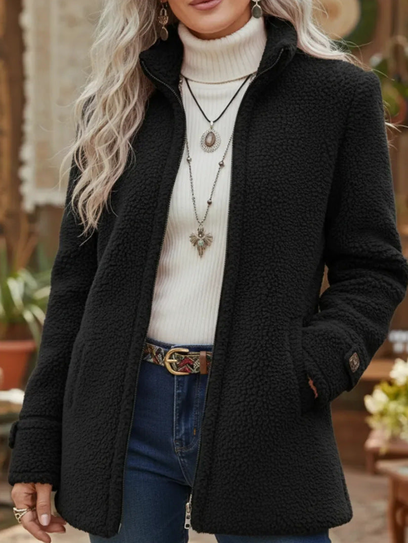 Fleece Zip-Up Jacket Women's Stand Collar Solid Color Loose Fit Casual Long Sleeve Outerwear Clothing