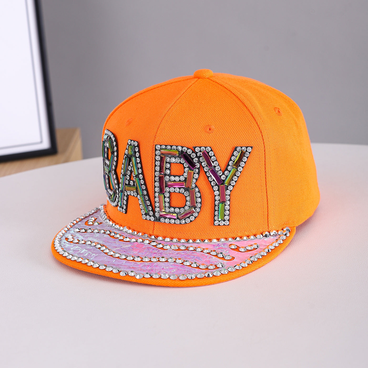 Men's And Women's Identical Colorful Diamond BABY Letter Hot Stamping Diamond Brim Hat. This Stylish Hip-hop Style Flat Brim Hat Is Suitable For Personalized Streetwear Outfits.