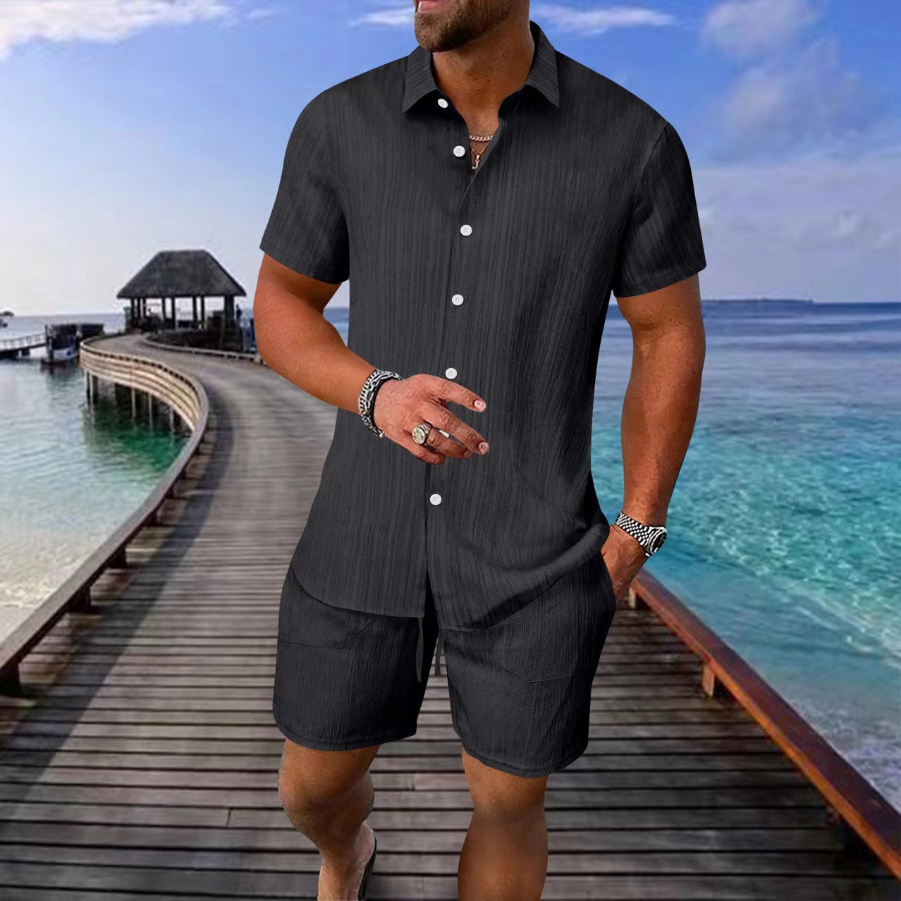 Seaside Casual Trendy Shirt With A Turn-down Collar And Short Sleeves Set