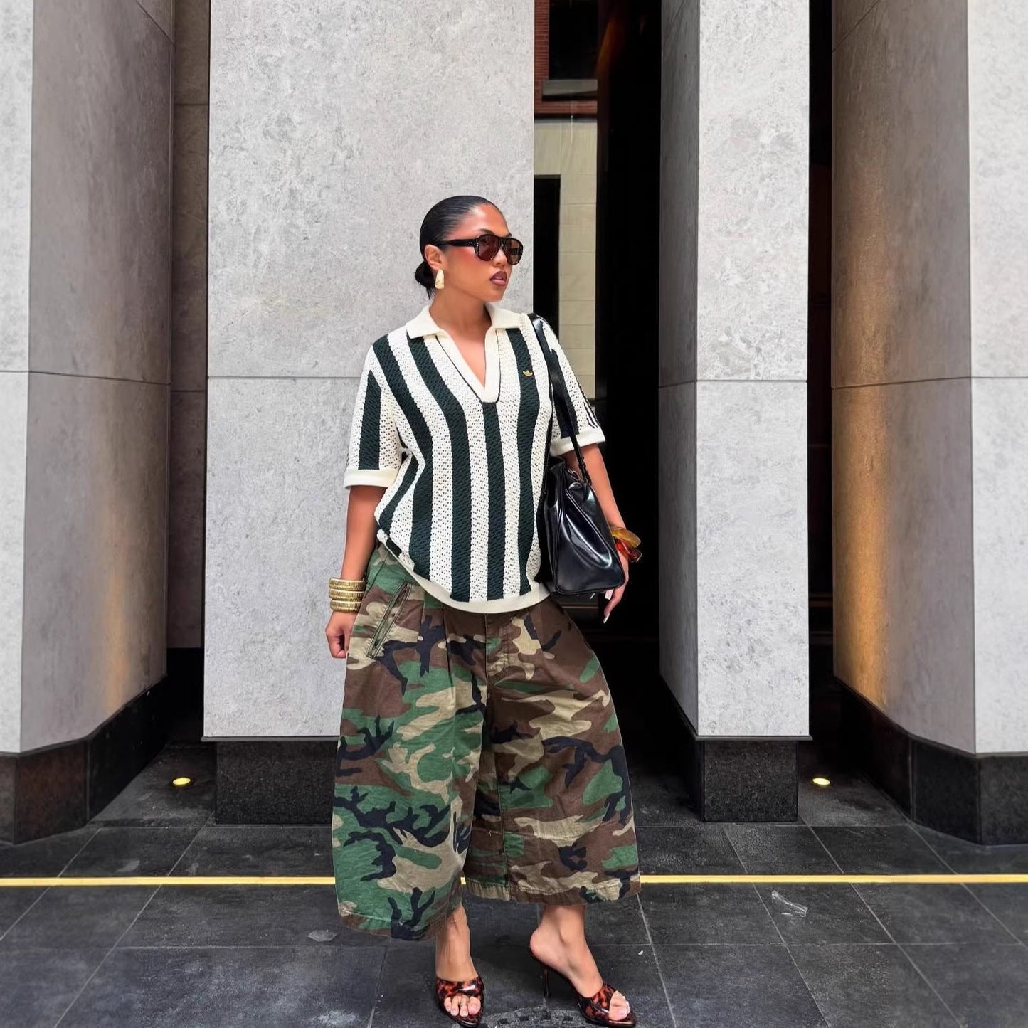 Women's Wide-Leg Cargo-Style Pants with Zipper & Button Detail