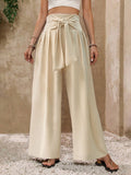 Womens Solid-Color High-Waist Tie-Front Casual Drapey Wide-Leg Pants