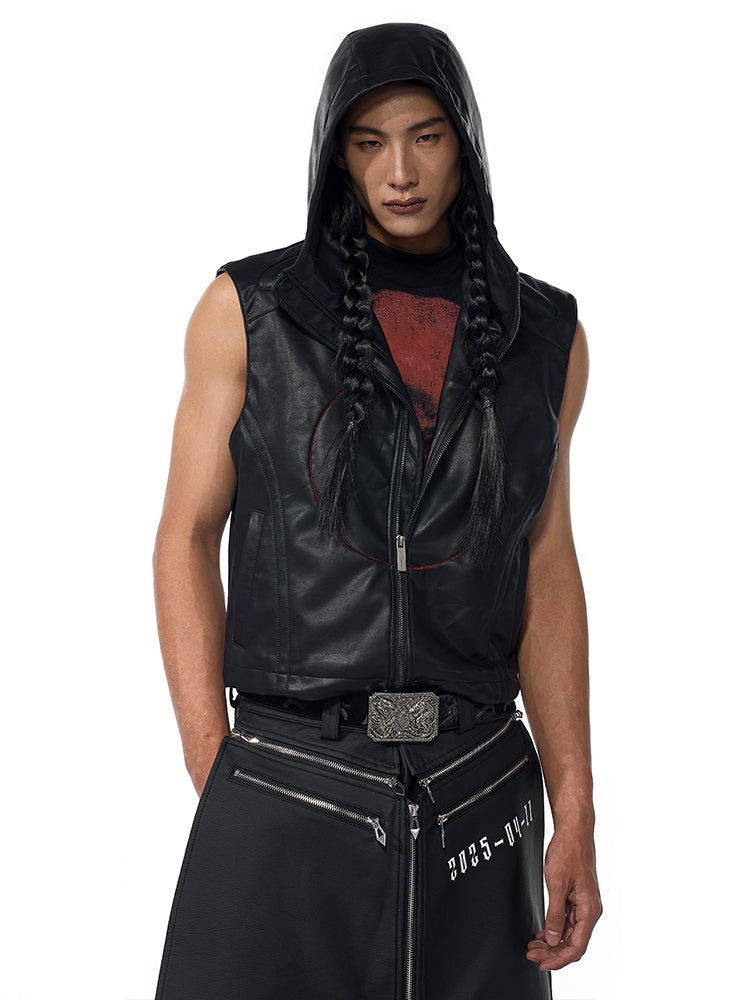 Short Hood Slim Fit Leather Waistcoat Coat Men's Summer Five-pointed Star PU Leather