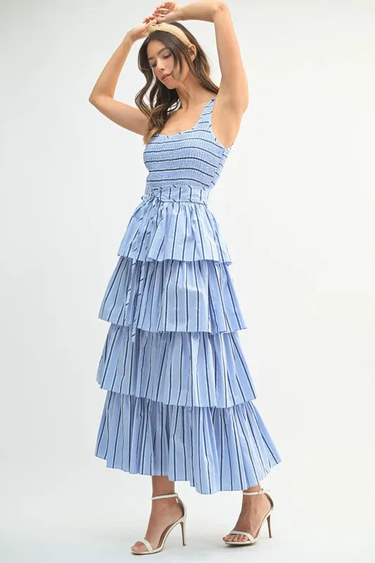 Pin Stripe Smocked Bodice Layered Midi Dress – Smocked Bodice Dress, Fluttering Pinstripe Midi Dress, Layered Midi Dress, Trendy Midi Dress, Flattering Pinstripe Dress
