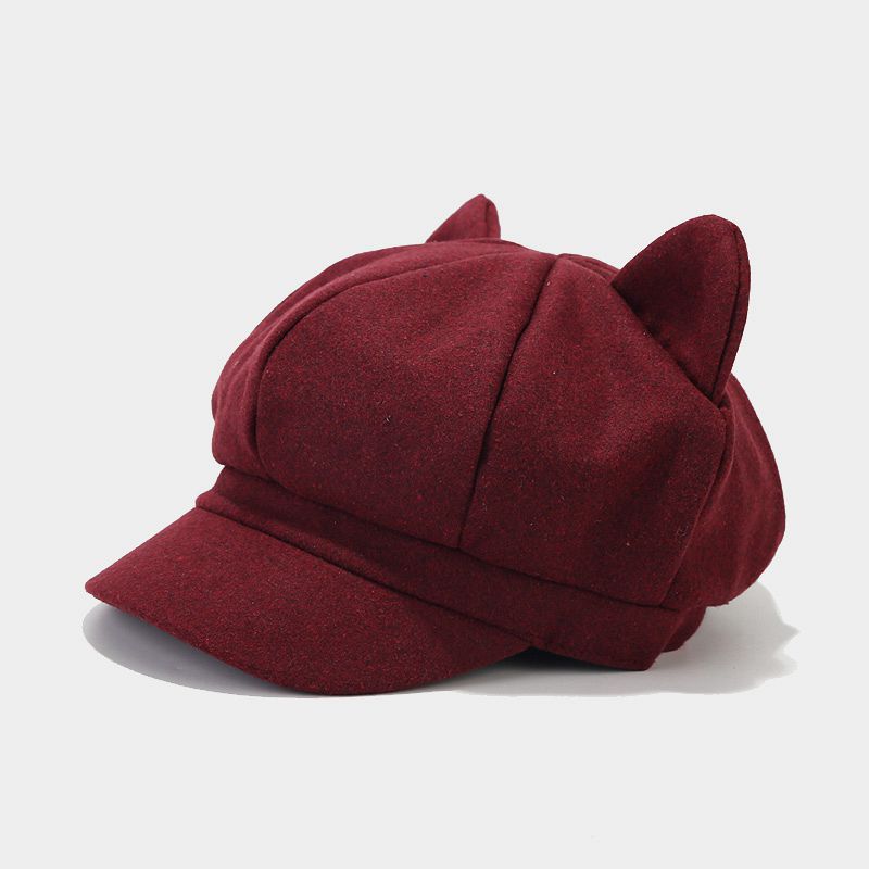 Winter And Autumn Woolen Cute Cat Ears Octagonal Beret Hat, Trendy And Vintage Fashion, Pure Color Painter Hat, British Style Casual Baseball Cap