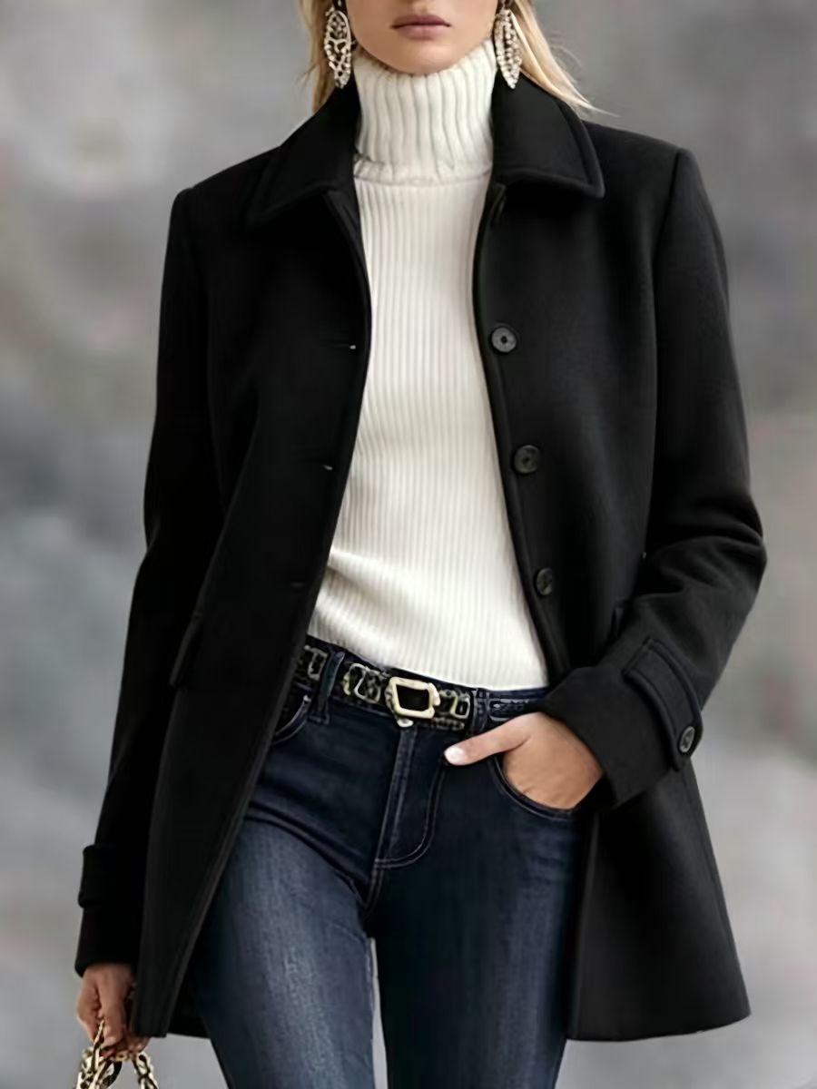Mid-Length Lapel Wool-Blend Coat