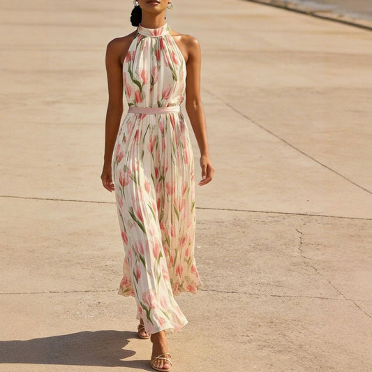 Women's Halterneck High-Waist Swing Dress – Floral & Solid Prints