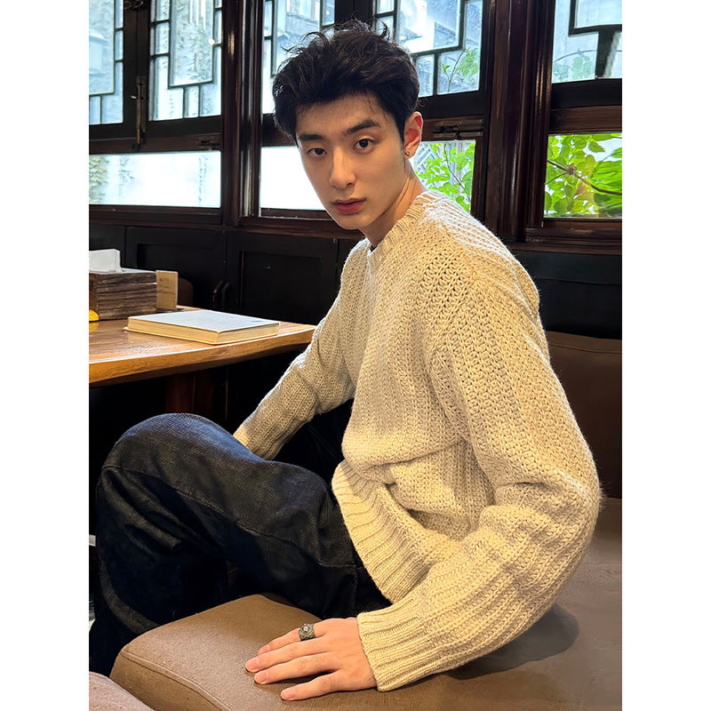 Mens Long-Sleeve T-Shirt American-Style Retro Heavy-Weight Knitted Hooded Sweater