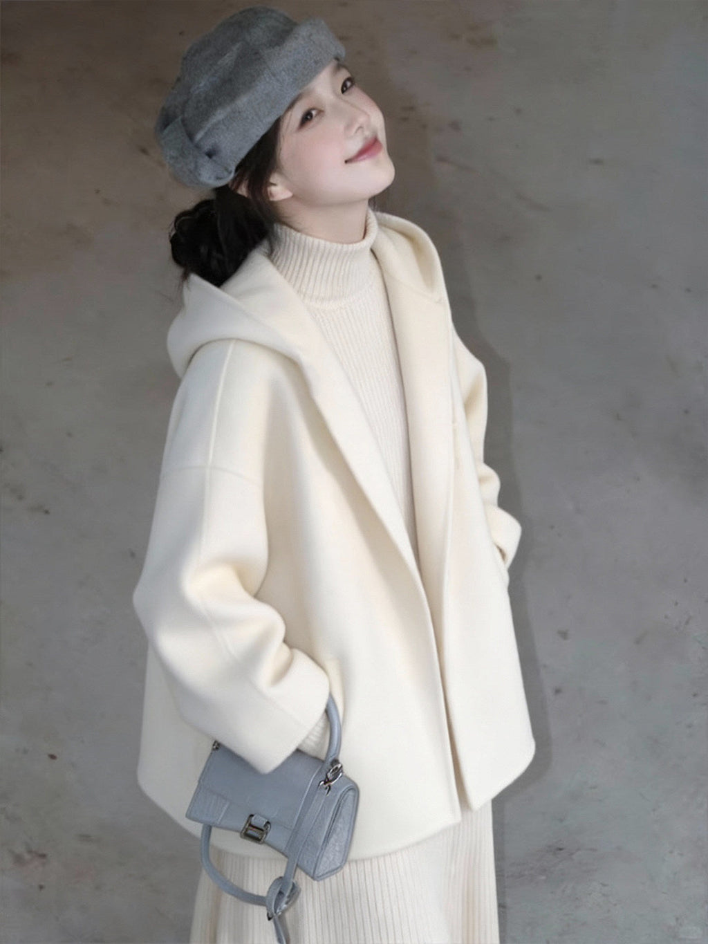 Womens White Hooded Double-Faced Wool Coat