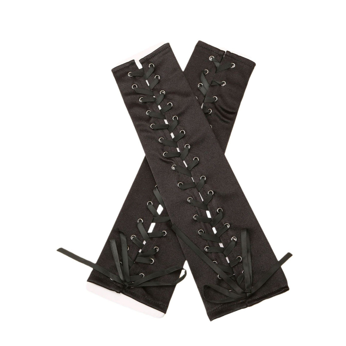 Long Black Satin Arm Sleeve Long For Wedding Lace-up Fingerless Gloves
