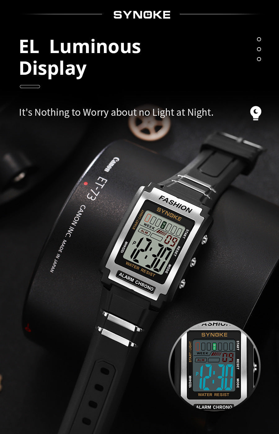 Men's Retro Rectangular Sports Waterproof Luminous Electronic Watch