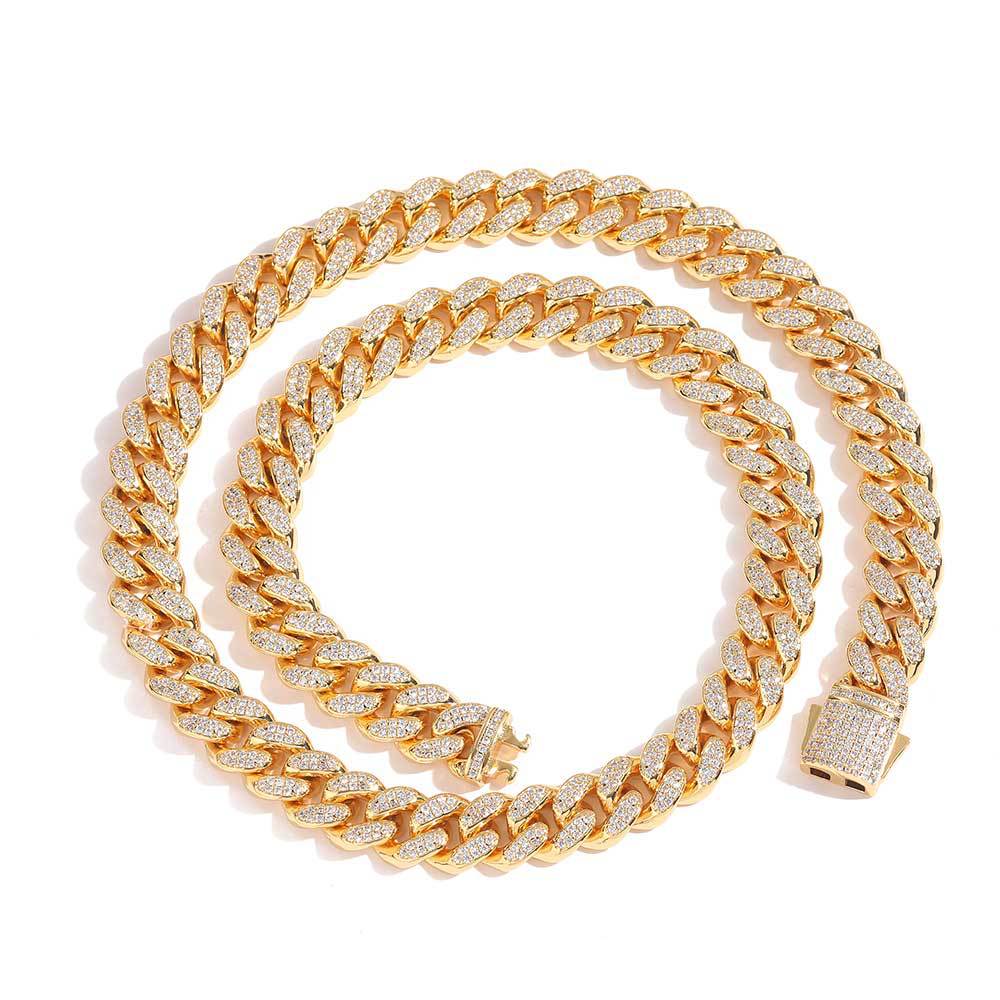 European Hip Hop Ornament 12mm Spring Fastener Double Row Zircon Necklace Bracelet