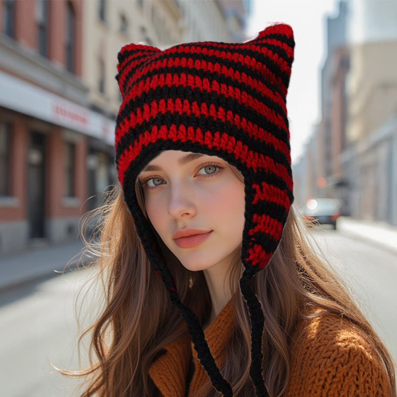 Women’s Hand Knitted Striped Cat Hat – Cute Warm Winter Beanie