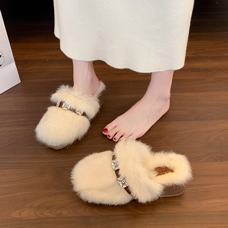 New Arrival Autumn Women's Low Heel Furry Slippers, Closed Toe Slip-On Lazy Outdoor Shoes With Rhinestones, Warm Cotton Slippers