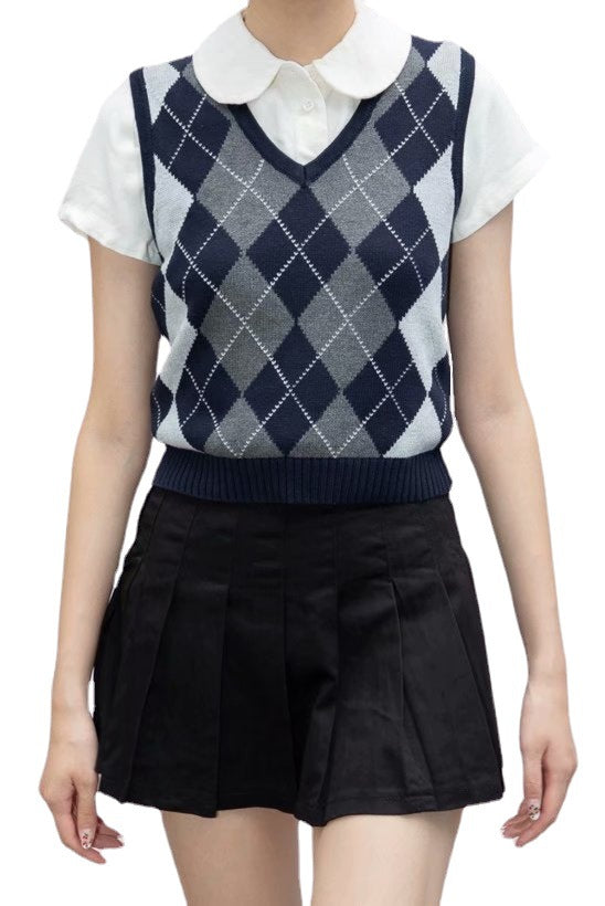 Retro Preppy Style Versatile Diamond-Check BM Knitted Vest