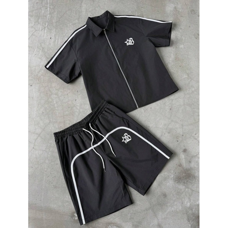 Striped Zip-front Short-sleeve Shirt And Shorts Set