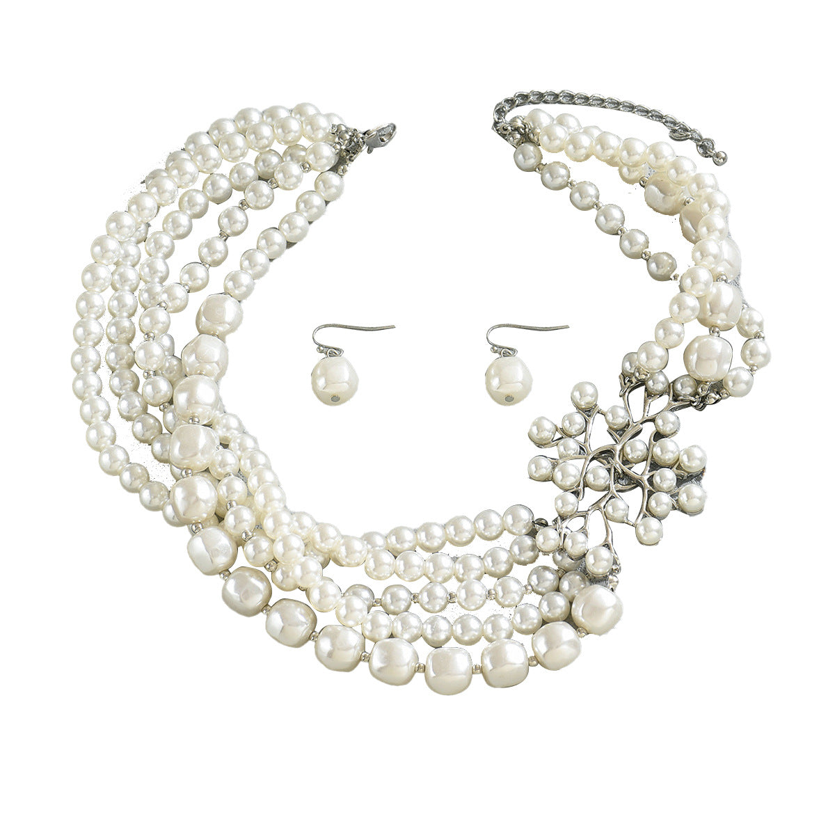 Stylish European American Geometric Women Jewelry Set, Unique Design With Strung Faux Pearls, Versatile Elegant Matching Necklace And Stud Earrings For Daily Wear