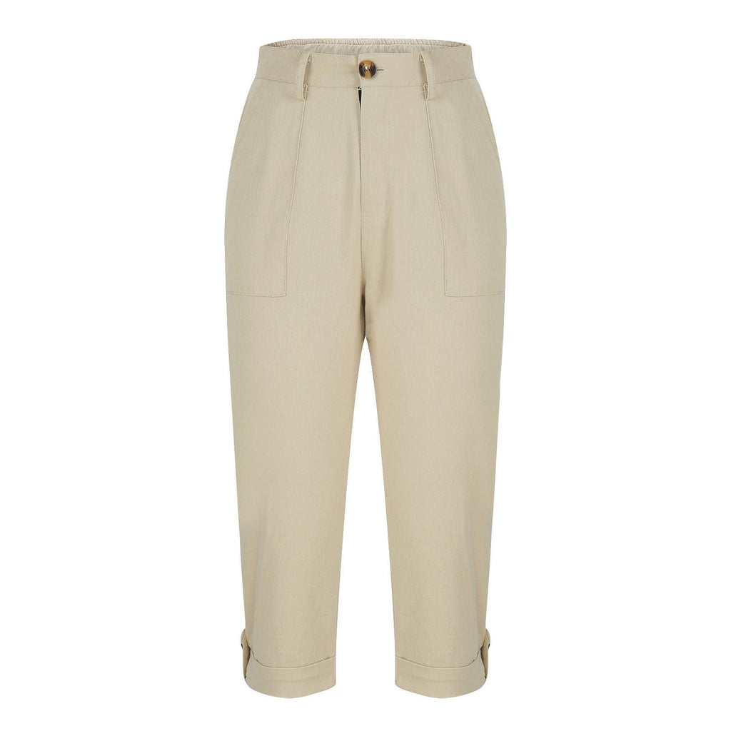 Cross-border Women's Solid Color Workwear Pants Waist Button Pants Ear Design Pants Leg Curled Women's Cropped Pants