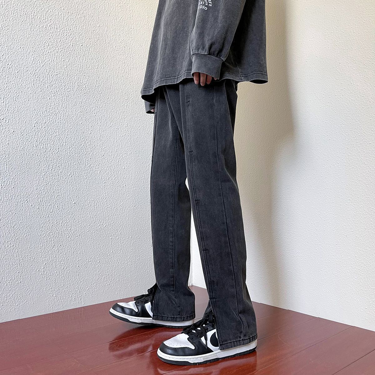 High-end Wide Leg Slimming Motorcycle Stitching Jeans