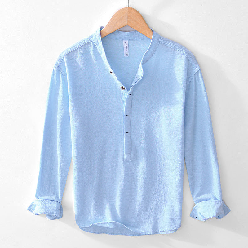 Chinese-style V-neck Pullover Cotton-linen Shirt