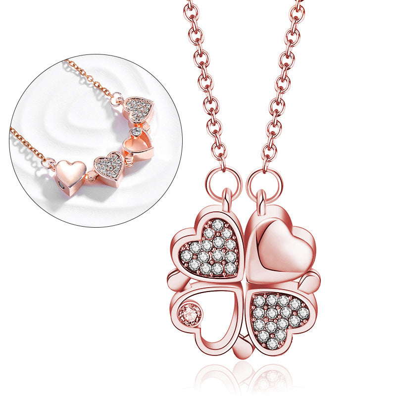 Magnetic Foldable Four Leaf Clover Necklace For Women, Convertible 4 Heart Pendant Collarbone Chain, Dainty Zircon Sweater Chain Fashion Jewelry